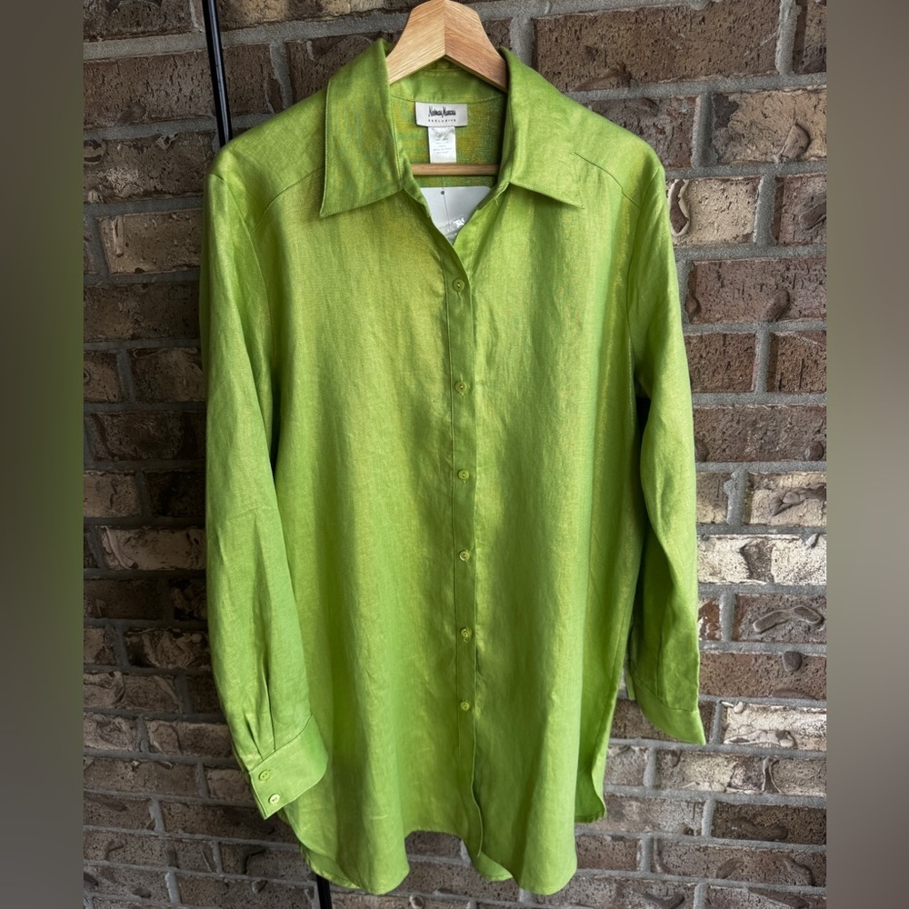Neiman Marcus Exclusive Size L 100% Linen Green Shimmer Tunic Shirt NWOT - Picture 4 of 13